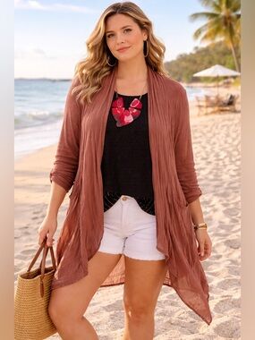 cut loose 100% Linen Draped Open-Front Cardigan in Salmon